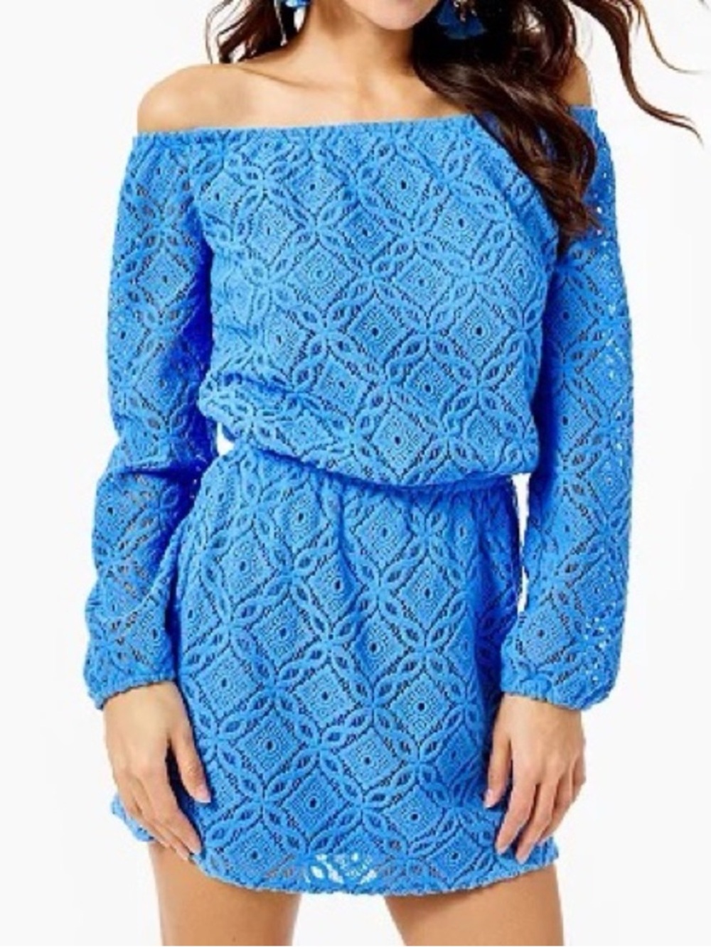 Lilly Pulitzer Blue Lana Thistle Trellis Lace Off Shoulder Skort Romper Size L - Picture 1 of 6